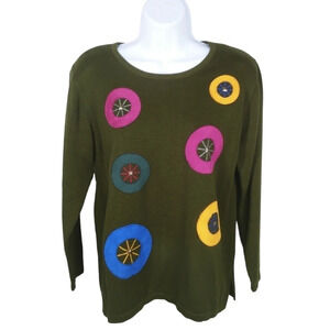 Moffi Boho  Bohemian Retro Knit Shirt with Circle Designs Olive Green M